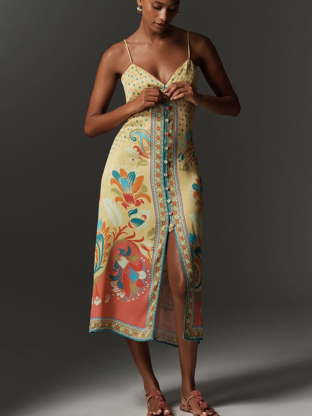 Spaghetti-Strap Maxi Dress with Floral Border in Yellow & Coral